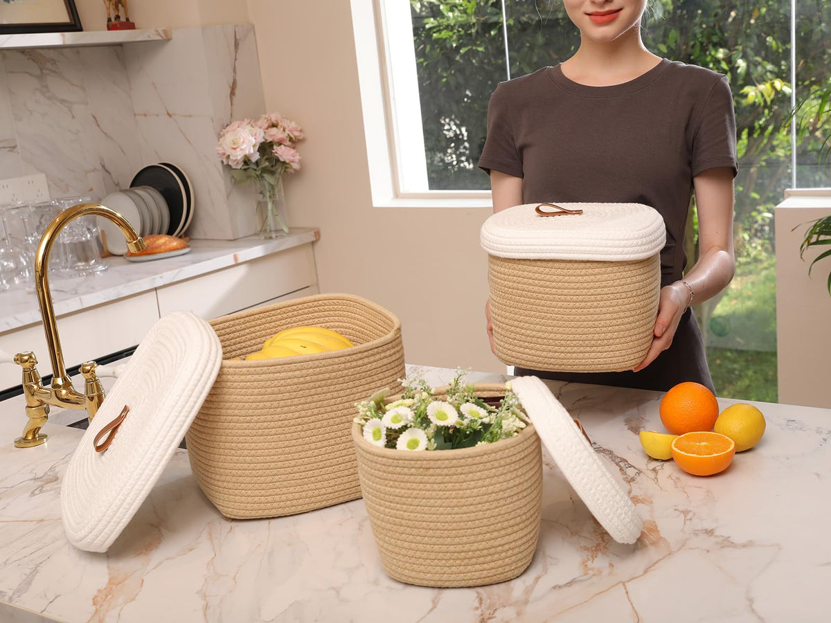 Set of 3 Nesting Woven Storage Baskets with Lids, Cotton Rope Decorative Basket Set for Shelf Closet Living Room Organizing, Square Beige & White