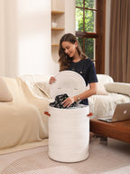 16"x20" Extra Large Cotton Rope Basket with Zipper Lid, Woven Laundry Hamper and Blanket Storage Basket, Round Clothes Bin for Living Room Bedroom, White