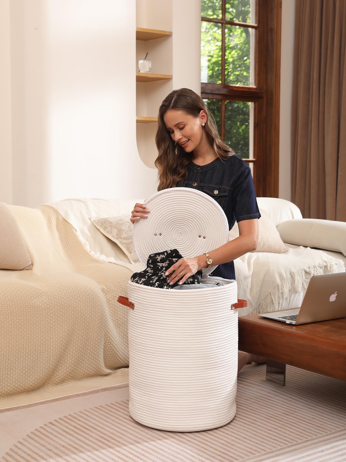 16"x20" Extra Large Cotton Rope Basket with Zipper Lid, Woven Laundry Hamper and Blanket Storage Basket, Round Clothes Bin for Living Room Bedroom, White
