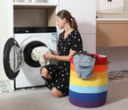 16"x20" Extra Large Cotton Rope Basket with Zipper Lid, Woven Laundry Hamper and Blanket Storage Basket, Round Clothes Bin for Living Room Bedroom, Rainbow Multicolor