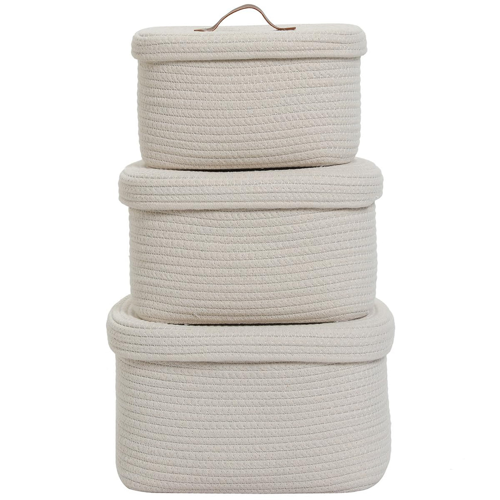 Set of 3 Nesting Woven Storage Baskets with Lids, Cotton Rope Decorative Basket Set for Shelf Closet Living Room Organizing, Rectangular Off White