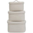 Set of 3 Nesting Woven Storage Baskets with Lids, Cotton Rope Decorative Basket Set for Shelf Closet Living Room Organizing, Rectangular Off White