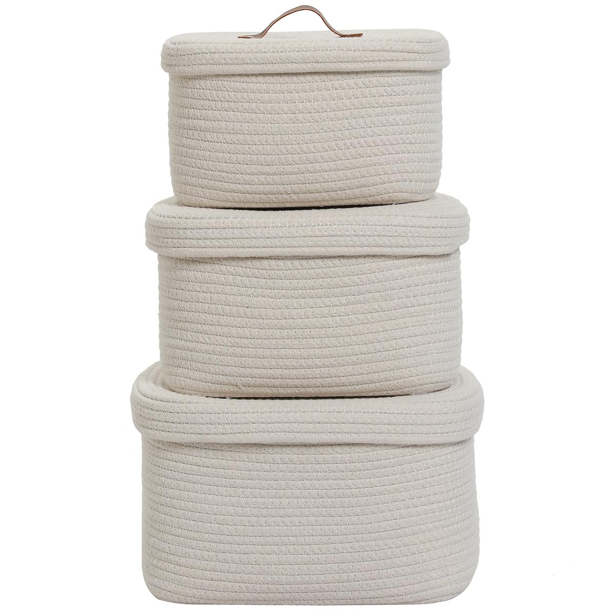Set of 3 Nesting Woven Storage Baskets with Lids, Cotton Rope Decorative Basket Set for Shelf Closet Living Room Organizing, Rectangular Off White