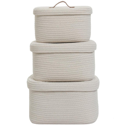 Set of 3 Nesting Woven Storage Baskets with Lids, Cotton Rope Decorative Basket Set for Shelf Closet Living Room Organizing, Rectangular Off White