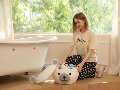 15x12 Inch Bear Hamper with Lid, Handcrafted Cotton Rope Animal Storage Basket, Woven Teddy Bear Bin for Kids Bedroom Playroom, White
