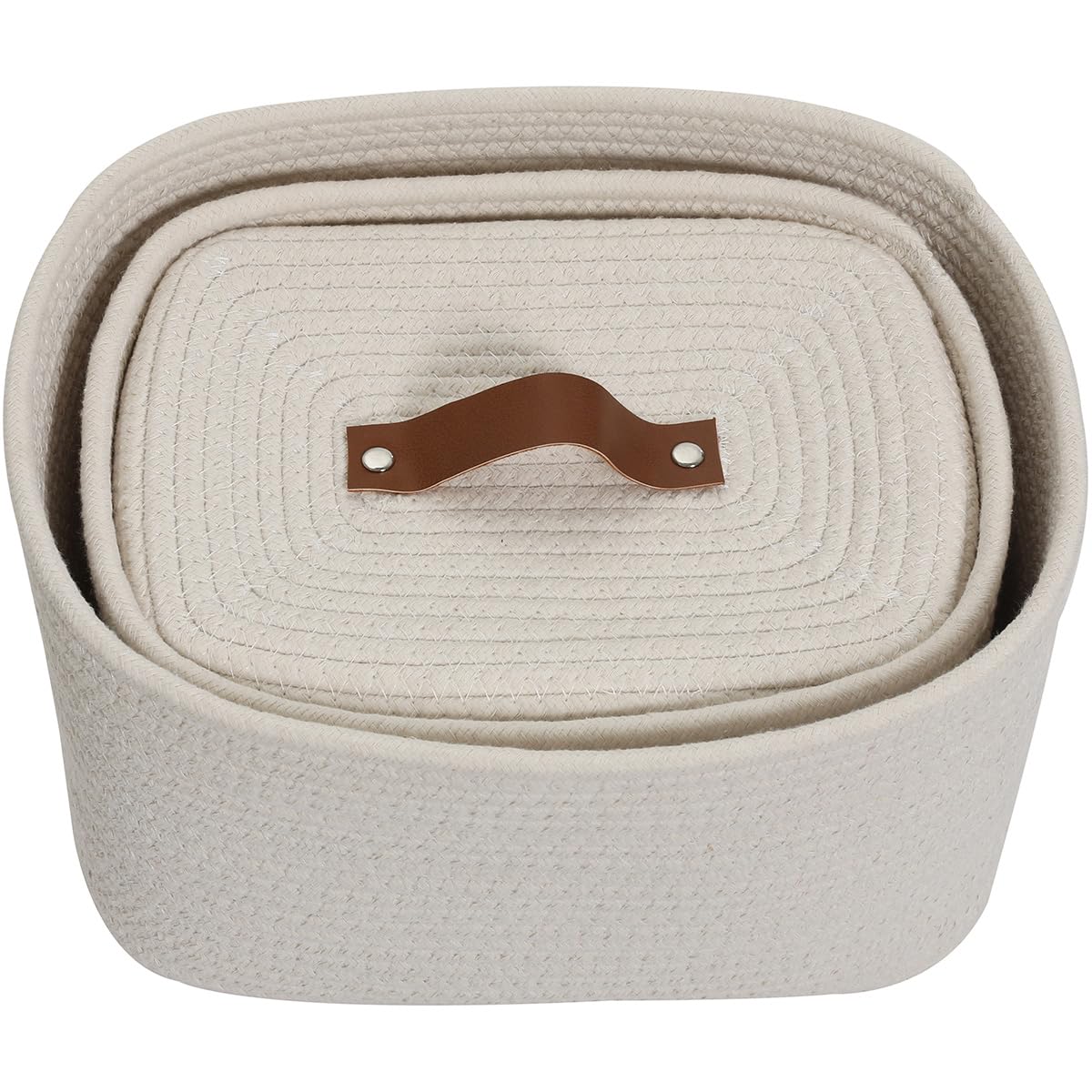 Set of 3 Nesting Woven Storage Baskets with Lids, Cotton Rope Decorative Basket Set for Shelf Closet Living Room Organizing, Rectangular Off White