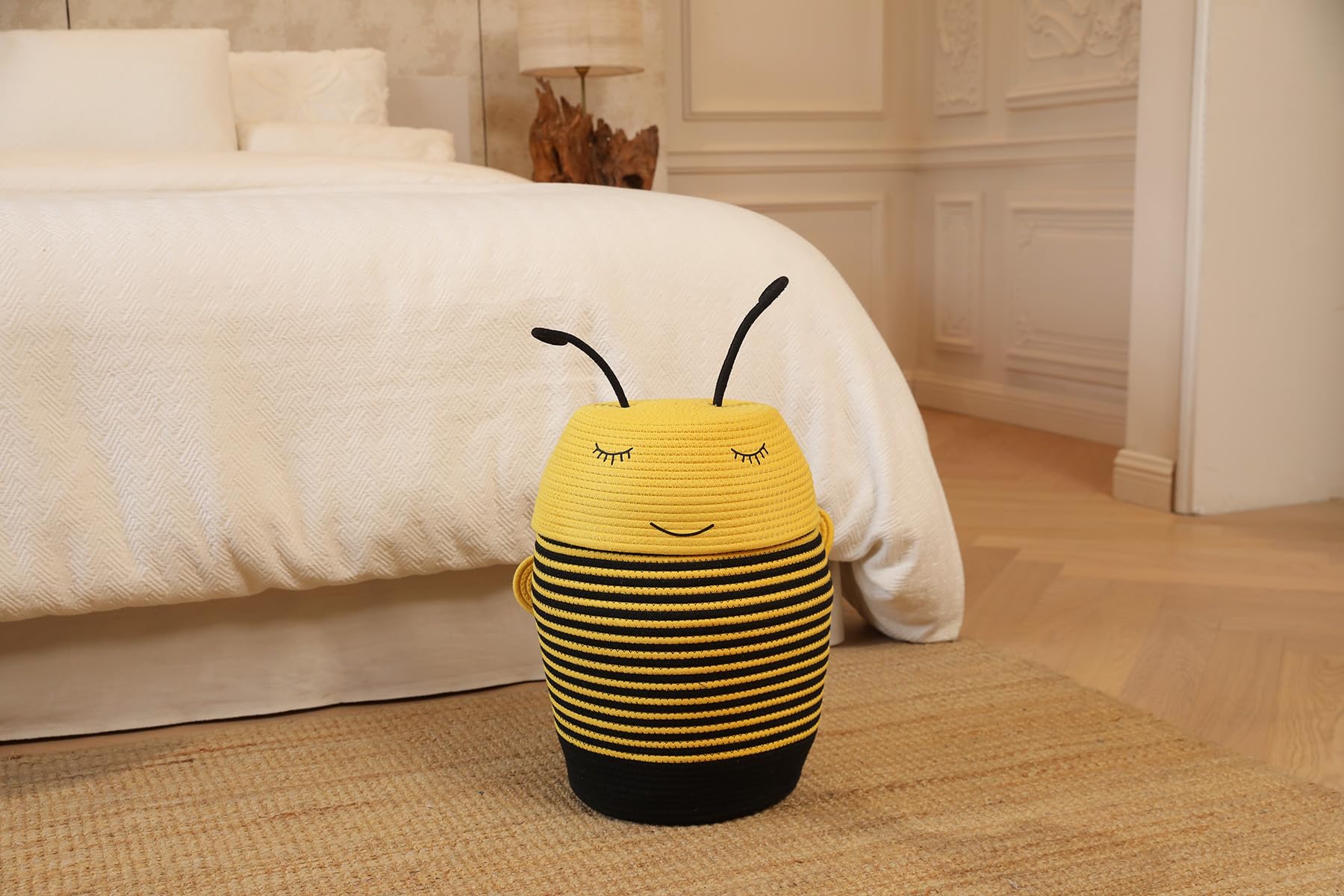 12x18 Inch Bee Basket with Lid, Handcrafted Cotton Rope Animal Storage Bin, Striped Bumble Bee Decor for Kids Bedroom Playroom, Yellow