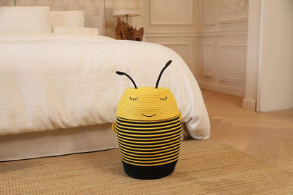12x18 Inch Bee Basket with Lid, Handcrafted Cotton Rope Animal Storage Bin, Striped Bumble Bee Decor for Kids Bedroom Playroom, Yellow