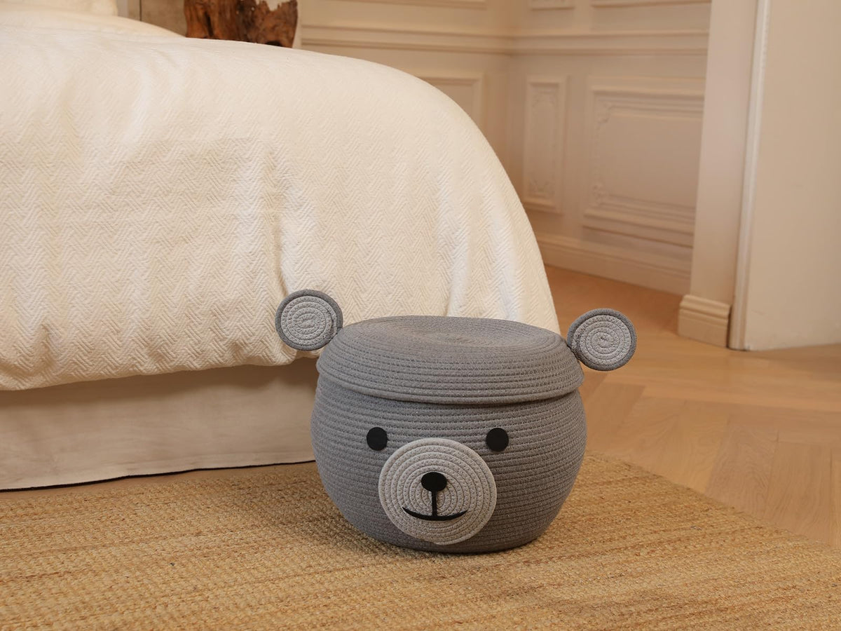15x12 Inch Bear Hamper with Lid, Handcrafted Cotton Rope Animal Storage Basket, Woven Teddy Bear Bin for Kids Bedroom Playroom, Grey