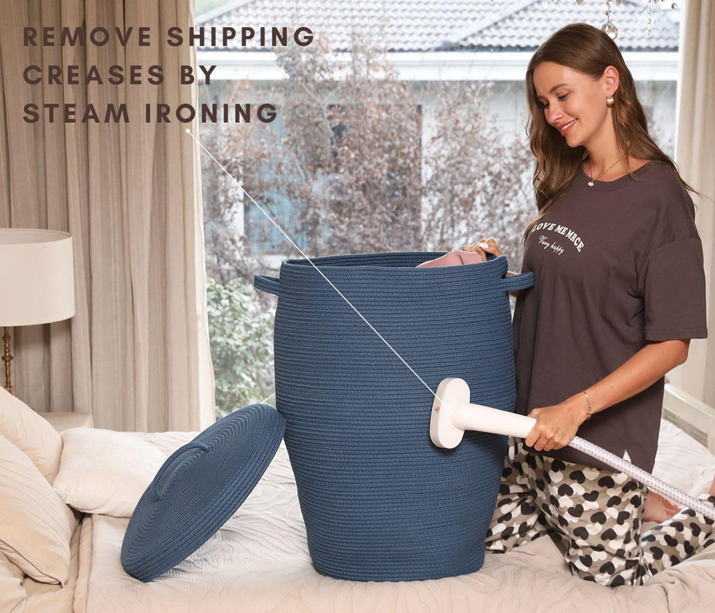 26"x20" Extra Large Tall Woven Laundry Basket with Lid, Cotton Rope Blanket Storage Basket, Freestanding Decorative Bin for Bedroom Living Room, Denim Blue