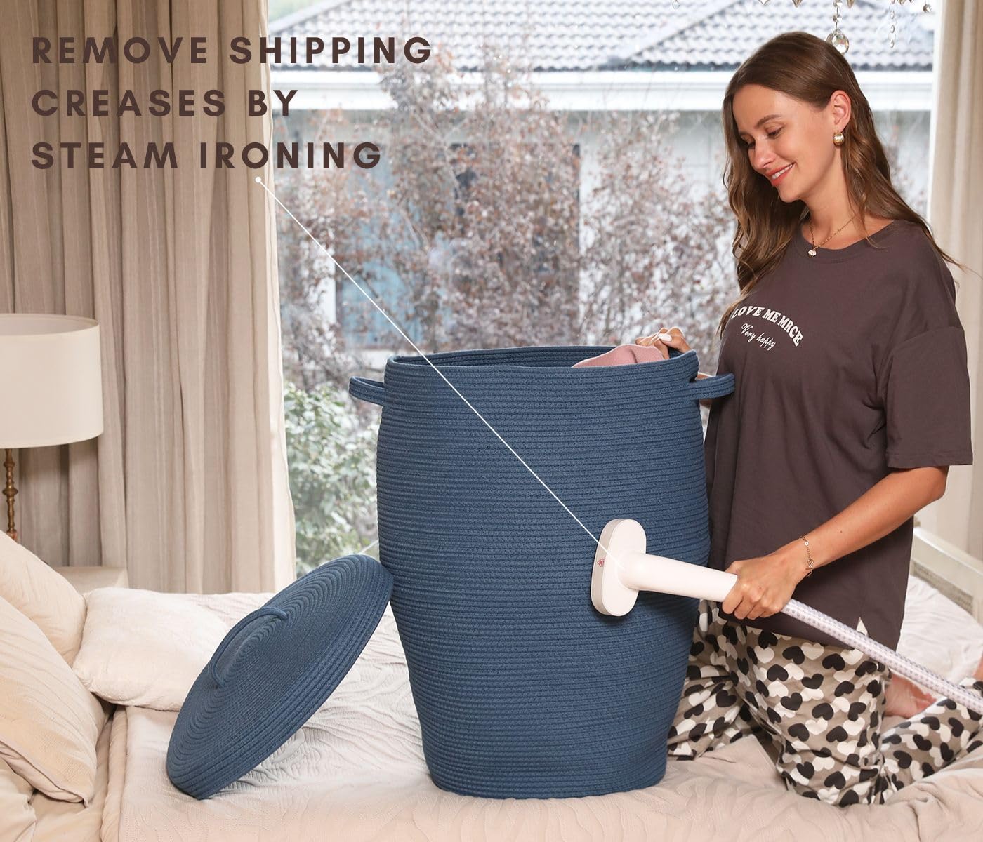 26"x20" Extra Large Tall Woven Laundry Basket with Lid, Cotton Rope Blanket Storage Basket, Freestanding Decorative Bin for Bedroom Living Room, Denim Blue