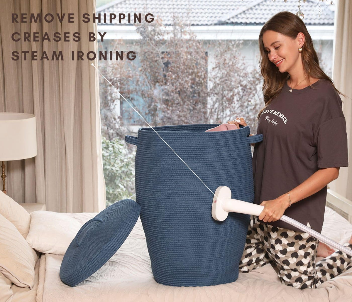 26"x20" Extra Large Tall Woven Laundry Basket with Lid, Cotton Rope Blanket Storage Basket, Freestanding Decorative Bin for Bedroom Living Room, Denim Blue