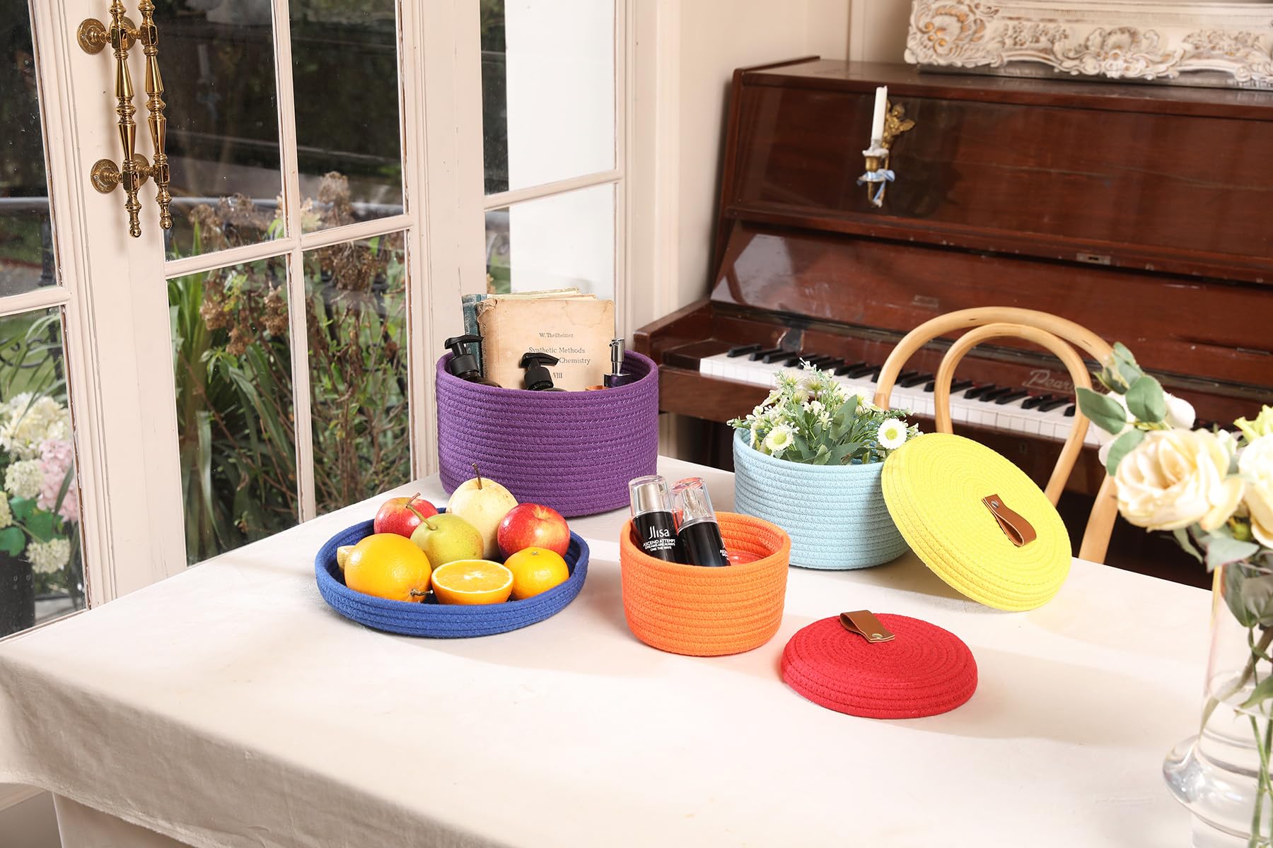 Set of 3 Small Woven Baskets with Lids, Cotton Rope Round Nesting Storage Basket Set for Shelf Nightstand Bathroom, 10x6 8x5 6x4 Inch, Rainbow Multicolor