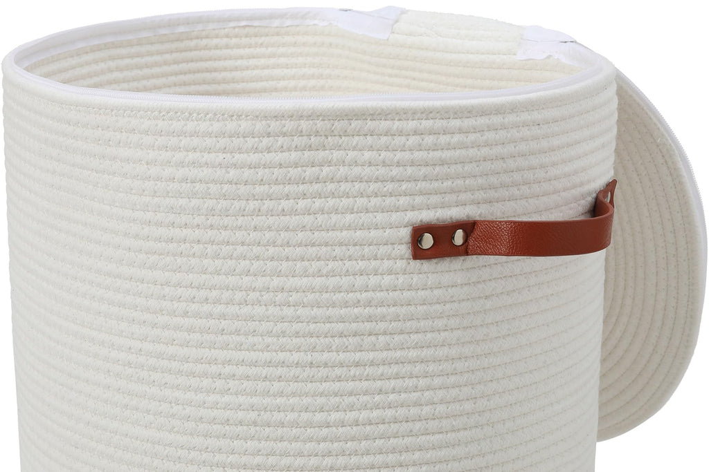 16"x20" Extra Large Cotton Rope Basket with Zipper Lid, Woven Laundry Hamper and Blanket Storage Basket, Round Clothes Bin for Living Room Bedroom, White
