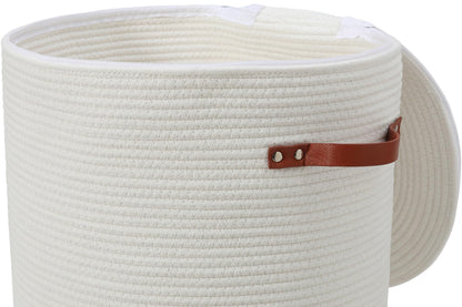 16"x20" Extra Large Cotton Rope Basket with Zipper Lid, Woven Laundry Hamper and Blanket Storage Basket, Round Clothes Bin for Living Room Bedroom, White