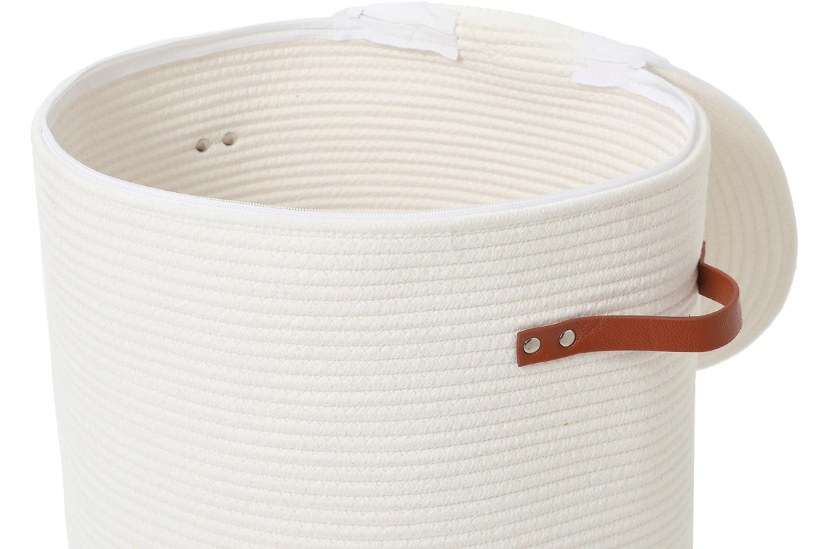 16"x20" Extra Large Cotton Rope Basket with Zipper Lid, Woven Laundry Hamper and Blanket Storage Basket, Round Clothes Bin for Living Room Bedroom, Cream & Camel