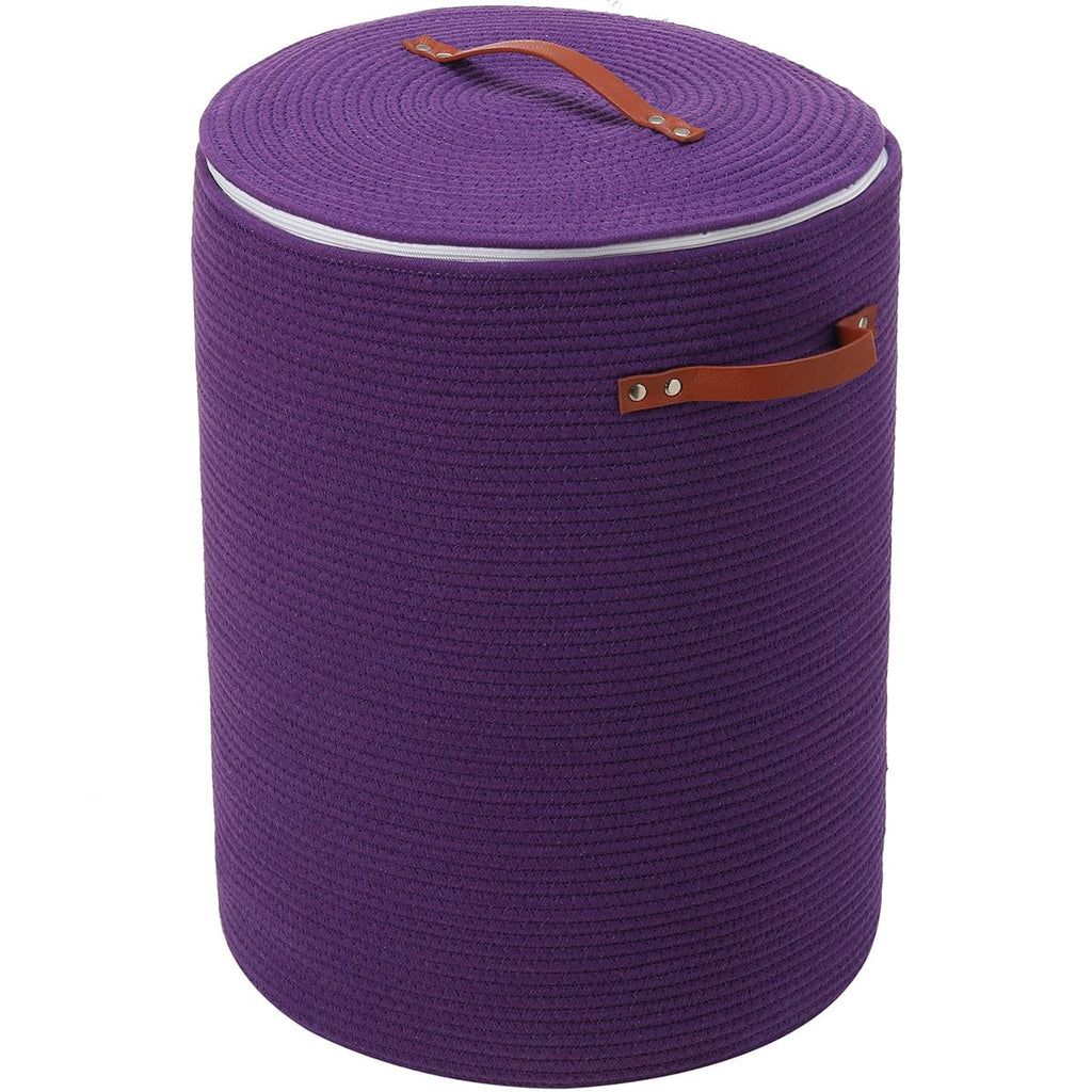 16"x20" Extra Large Cotton Rope Basket with Zipper Lid, Woven Laundry Hamper and Blanket Storage Basket, Round Clothes Bin for Living Room Bedroom, Purple