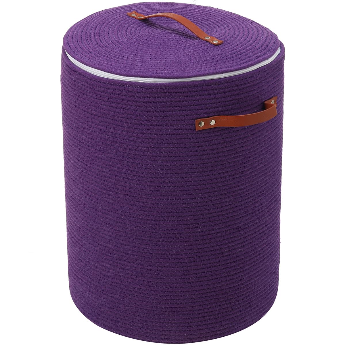 16"x20" Extra Large Cotton Rope Basket with Zipper Lid, Woven Laundry Hamper and Blanket Storage Basket, Round Clothes Bin for Living Room Bedroom, Purple