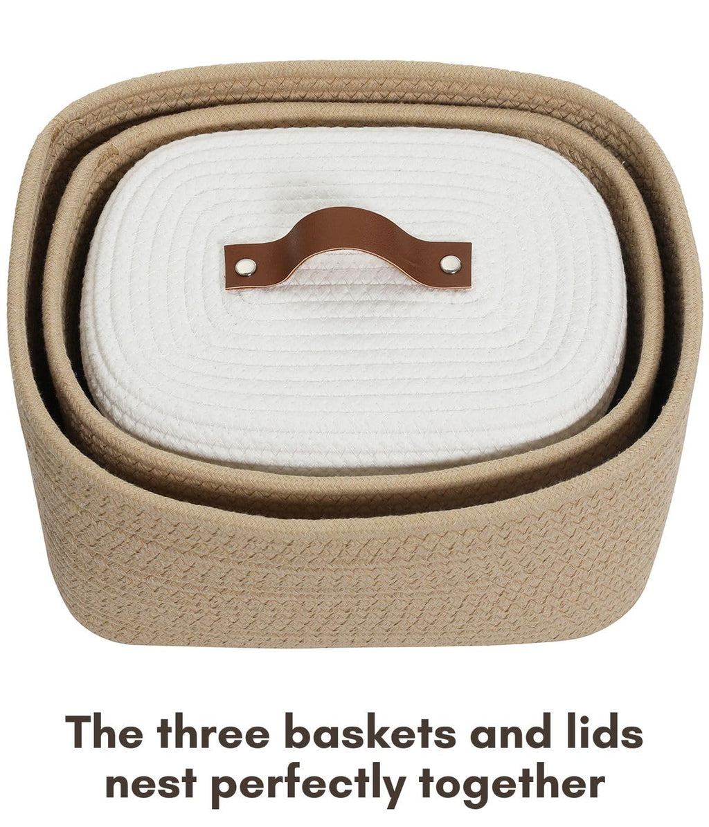 Set of 3 Nesting Woven Storage Baskets with Lids, Cotton Rope Decorative Basket Set for Shelf Closet Living Room Organizing, Rectangular Beige & White
