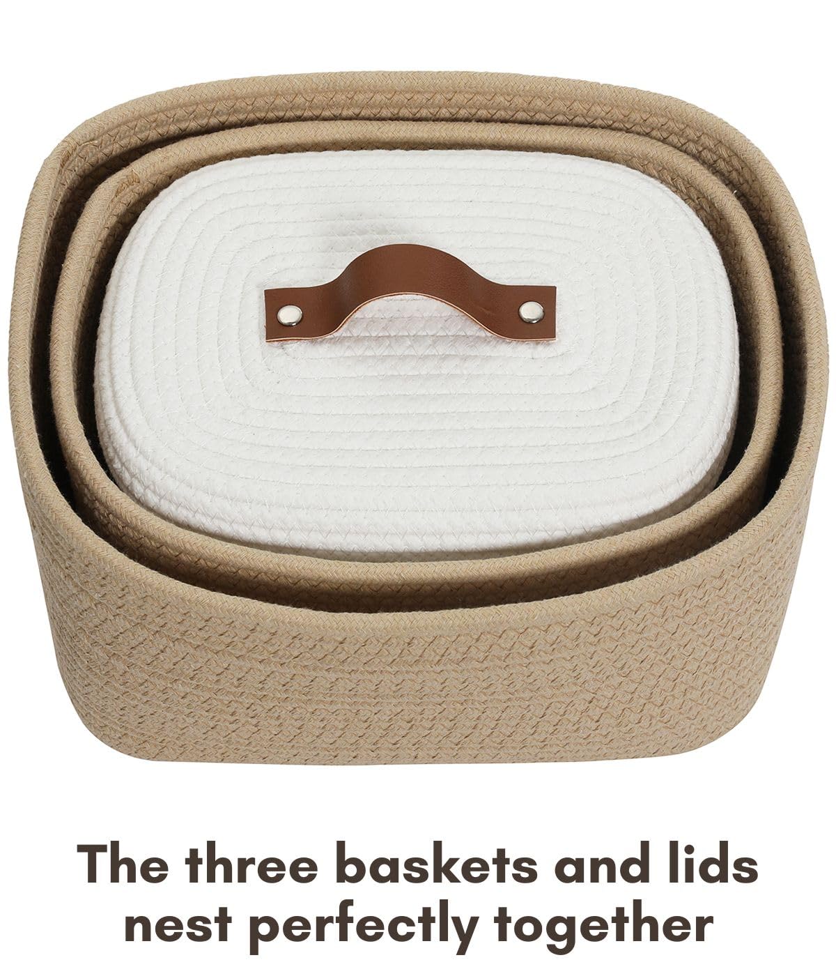 Set of 3 Nesting Woven Storage Baskets with Lids, Cotton Rope Decorative Basket Set for Shelf Closet Living Room Organizing, Rectangular Beige & White