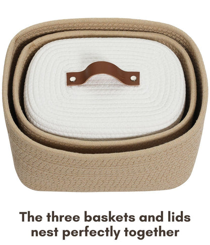 Set of 3 Nesting Woven Storage Baskets with Lids, Cotton Rope Decorative Basket Set for Shelf Closet Living Room Organizing, Rectangular Beige & White