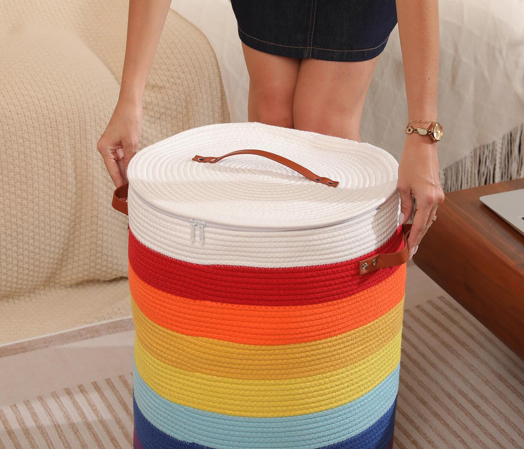 16"x20" Extra Large Cotton Rope Basket with Zipper Lid, Woven Laundry Hamper and Blanket Storage Basket, Round Clothes Bin for Living Room Bedroom, Rainbow & White
