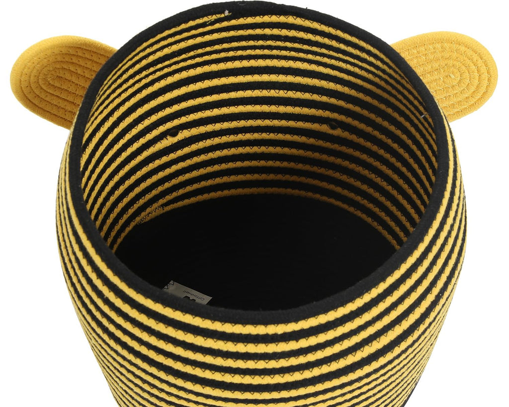 12x18 Inch Bee Basket with Lid, Handcrafted Cotton Rope Animal Storage Bin, Striped Bumble Bee Decor for Kids Bedroom Playroom, Yellow