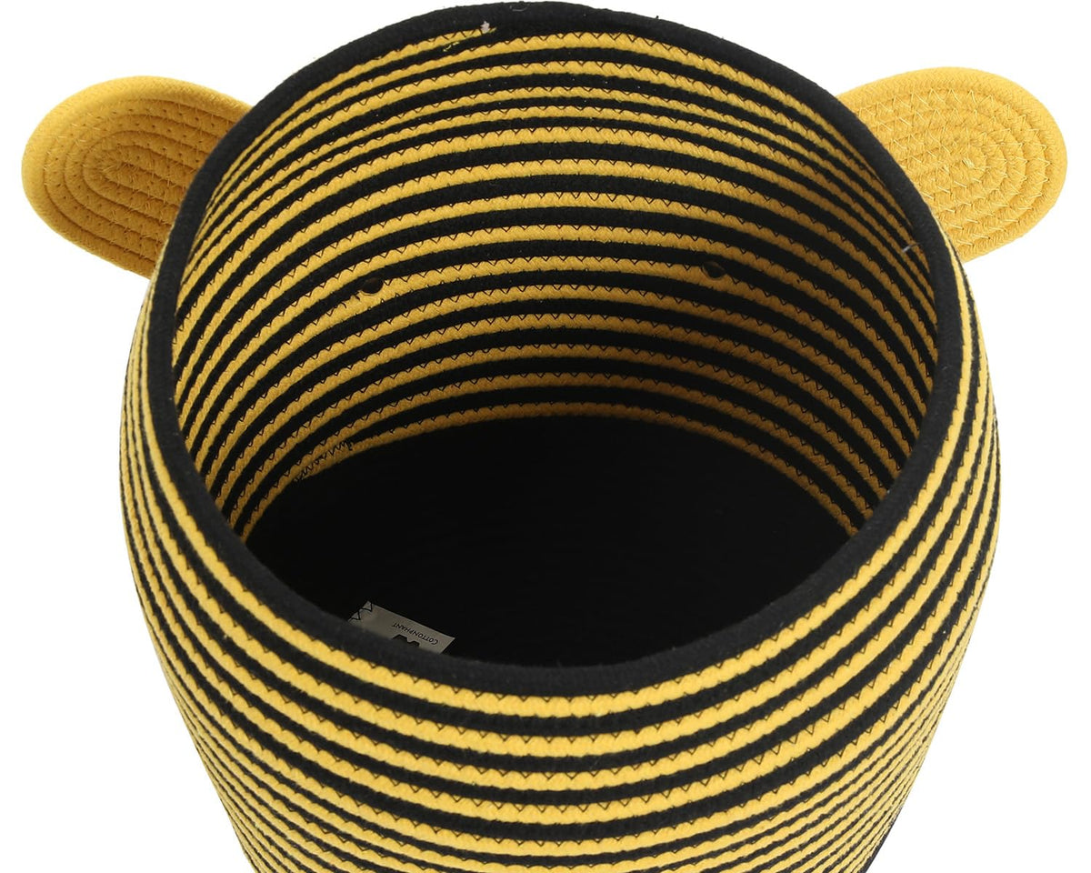 12x18 Inch Bee Basket with Lid, Handcrafted Cotton Rope Animal Storage Bin, Striped Bumble Bee Decor for Kids Bedroom Playroom, Yellow