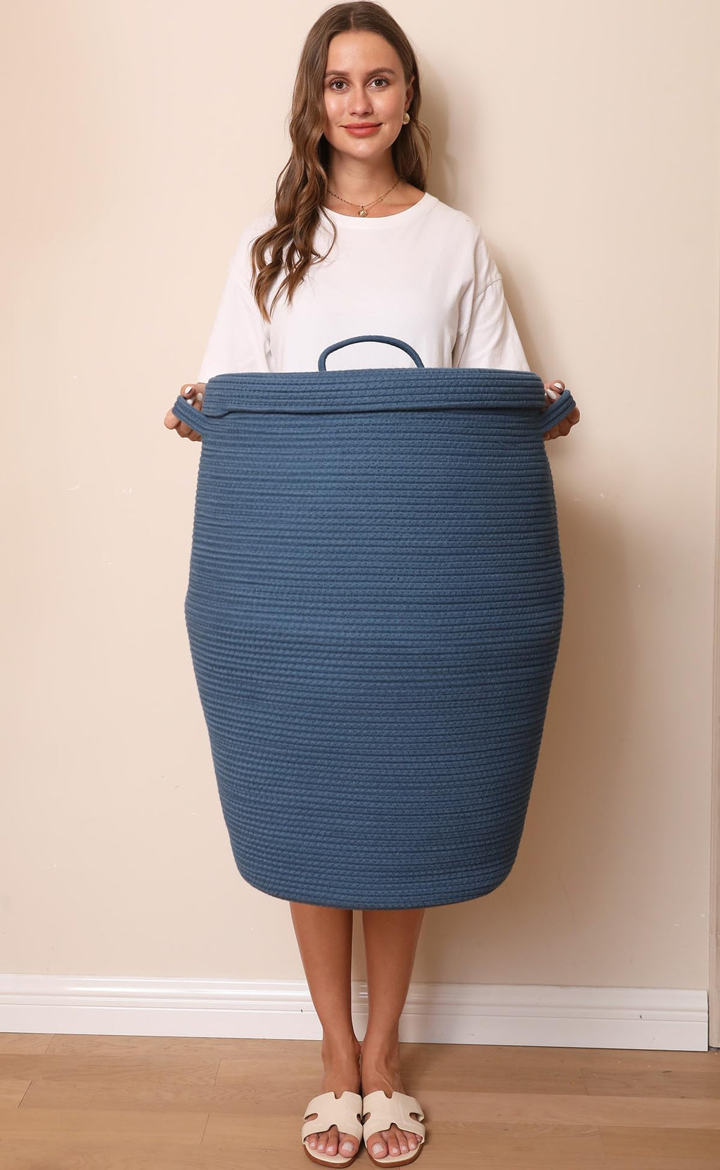 26"x20" Extra Large Tall Woven Laundry Basket with Lid, Cotton Rope Blanket Storage Basket, Freestanding Decorative Bin for Bedroom Living Room, Denim Blue