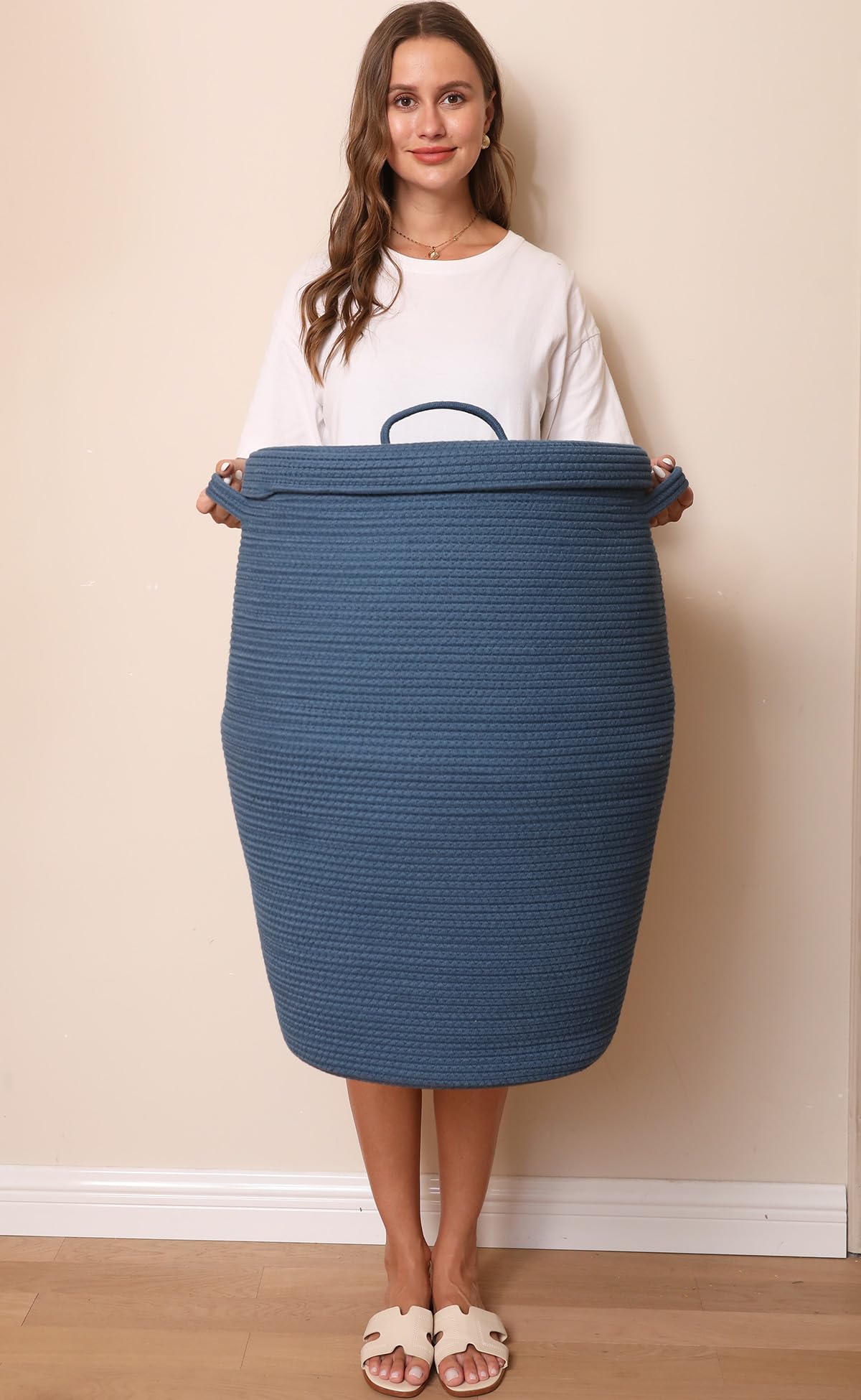 26"x20" Extra Large Tall Woven Laundry Basket with Lid, Cotton Rope Blanket Storage Basket, Freestanding Decorative Bin for Bedroom Living Room, Denim Blue