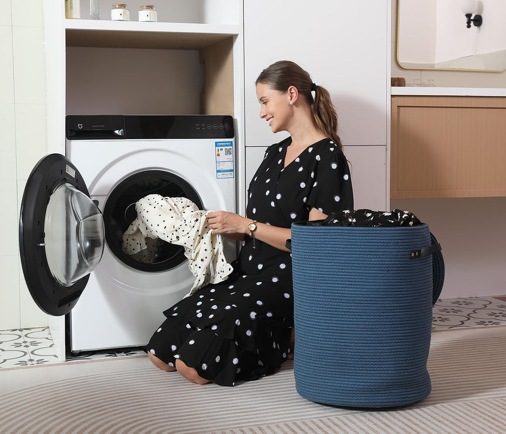 16"x20" Extra Large Cotton Rope Basket with Zipper Lid, Woven Laundry Hamper and Blanket Storage Basket, Round Clothes Bin for Living Room Bedroom, Denim Blue