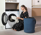 16"x20" Extra Large Cotton Rope Basket with Zipper Lid, Woven Laundry Hamper and Blanket Storage Basket, Round Clothes Bin for Living Room Bedroom, Denim Blue