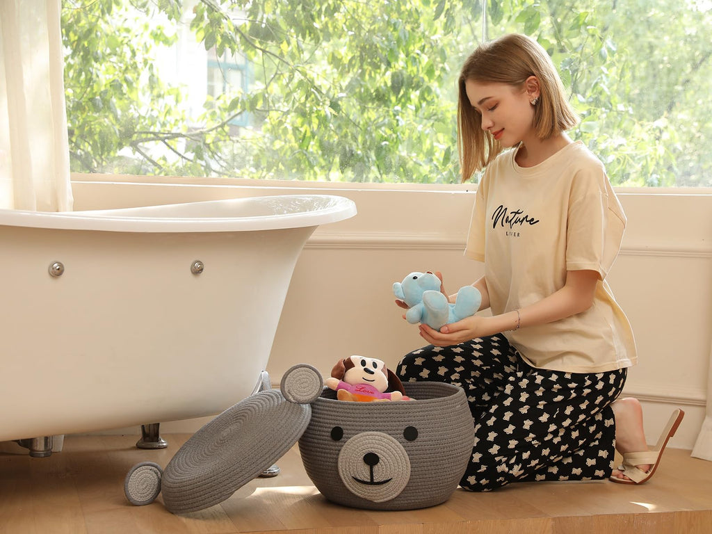 15x12 Inch Bear Hamper with Lid, Handcrafted Cotton Rope Animal Storage Basket, Woven Teddy Bear Bin for Kids Bedroom Playroom, Grey