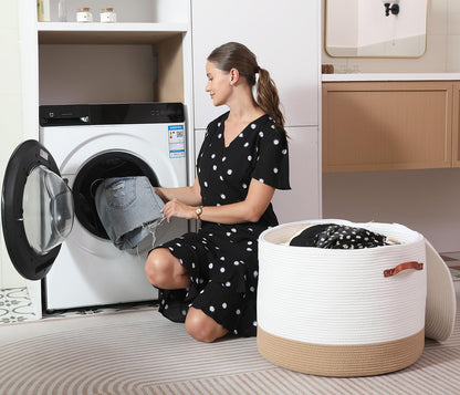 20x15 Inch Extra Large Round Cotton Rope Basket with Zipper Lid, Decorative Woven Storage Bin for Living Room Bedroom Closet, Cream & Camel