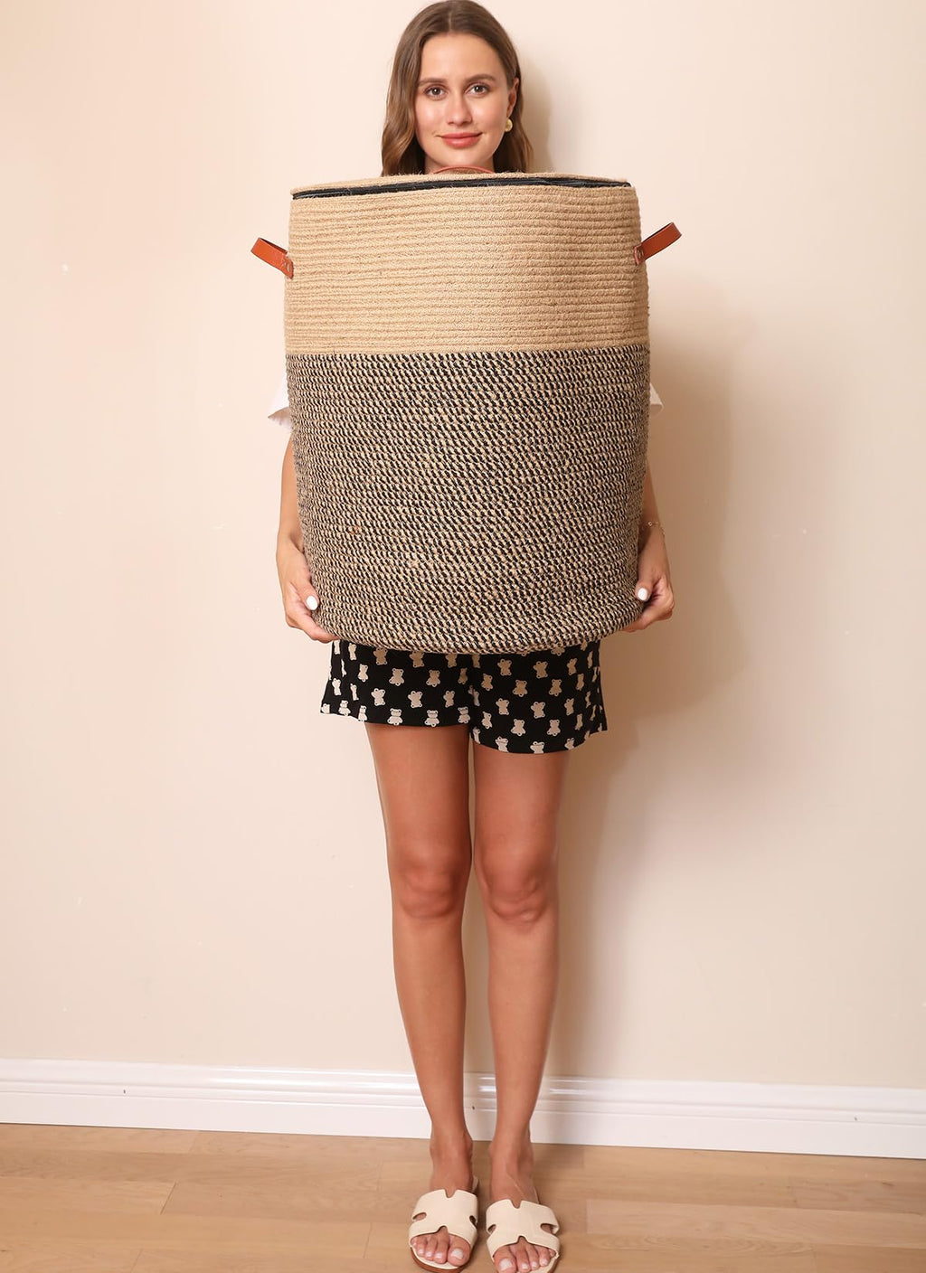 16"x20" Extra Large Cotton Rope Basket with Zipper Lid, Woven Laundry Hamper and Blanket Storage Basket, Round Clothes Bin for Living Room Bedroom, Jute & Black Mix