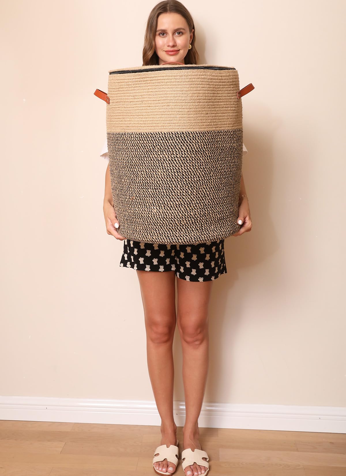 16"x20" Extra Large Cotton Rope Basket with Zipper Lid, Woven Laundry Hamper and Blanket Storage Basket, Round Clothes Bin for Living Room Bedroom, Jute & Black Mix