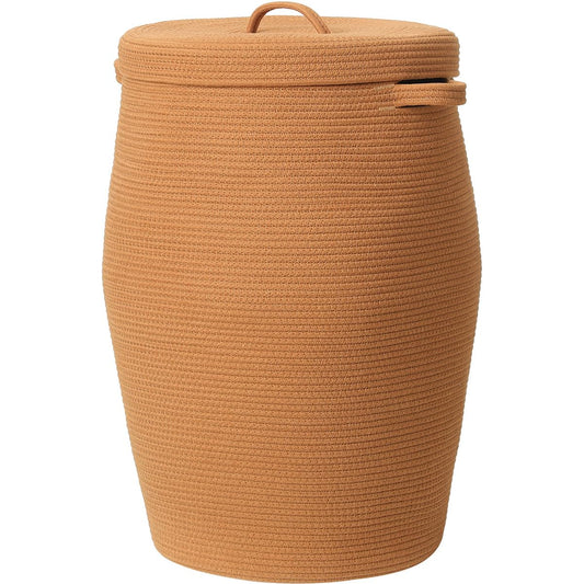 26"x20" Extra Large Tall Woven Laundry Basket with Lid, Cotton Rope Blanket Storage Basket, Freestanding Decorative Bin for Bedroom Living Room, Rust Brown