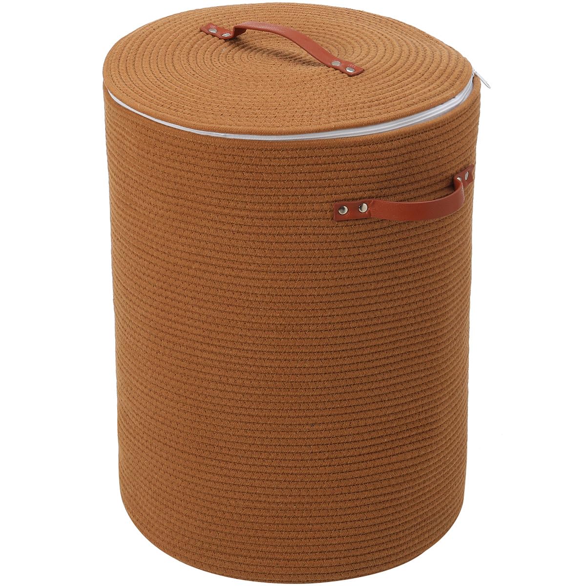 16"x20" Extra Large Cotton Rope Basket with Zipper Lid, Woven Laundry Hamper and Blanket Storage Basket, Round Clothes Bin for Living Room Bedroom, Rust Brown