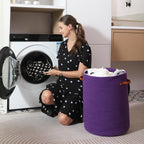 16"x20" Extra Large Cotton Rope Basket with Zipper Lid, Woven Laundry Hamper and Blanket Storage Basket, Round Clothes Bin for Living Room Bedroom, Purple