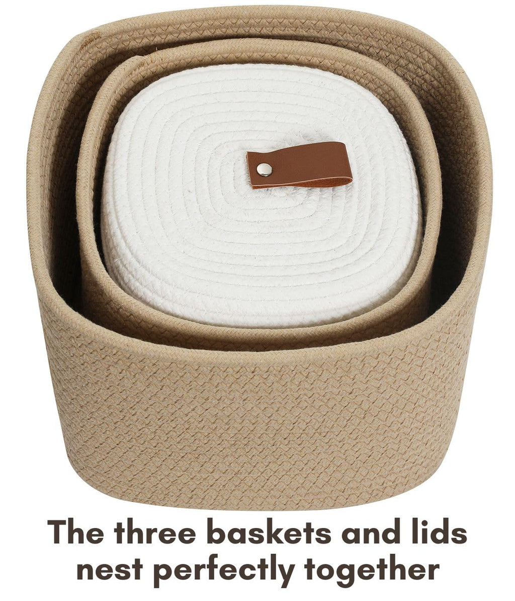 Set of 3 Nesting Woven Storage Baskets with Lids, Cotton Rope Decorative Basket Set for Shelf Closet Living Room Organizing, Square Beige & White