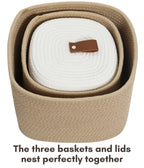Set of 3 Nesting Woven Storage Baskets with Lids, Cotton Rope Decorative Basket Set for Shelf Closet Living Room Organizing, Square Beige & White