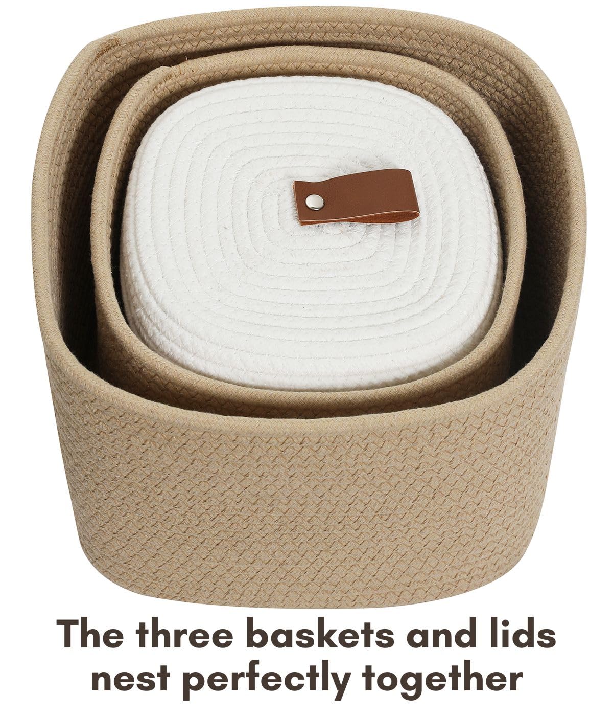 Set of 3 Nesting Woven Storage Baskets with Lids, Cotton Rope Decorative Basket Set for Shelf Closet Living Room Organizing, Square Beige & White