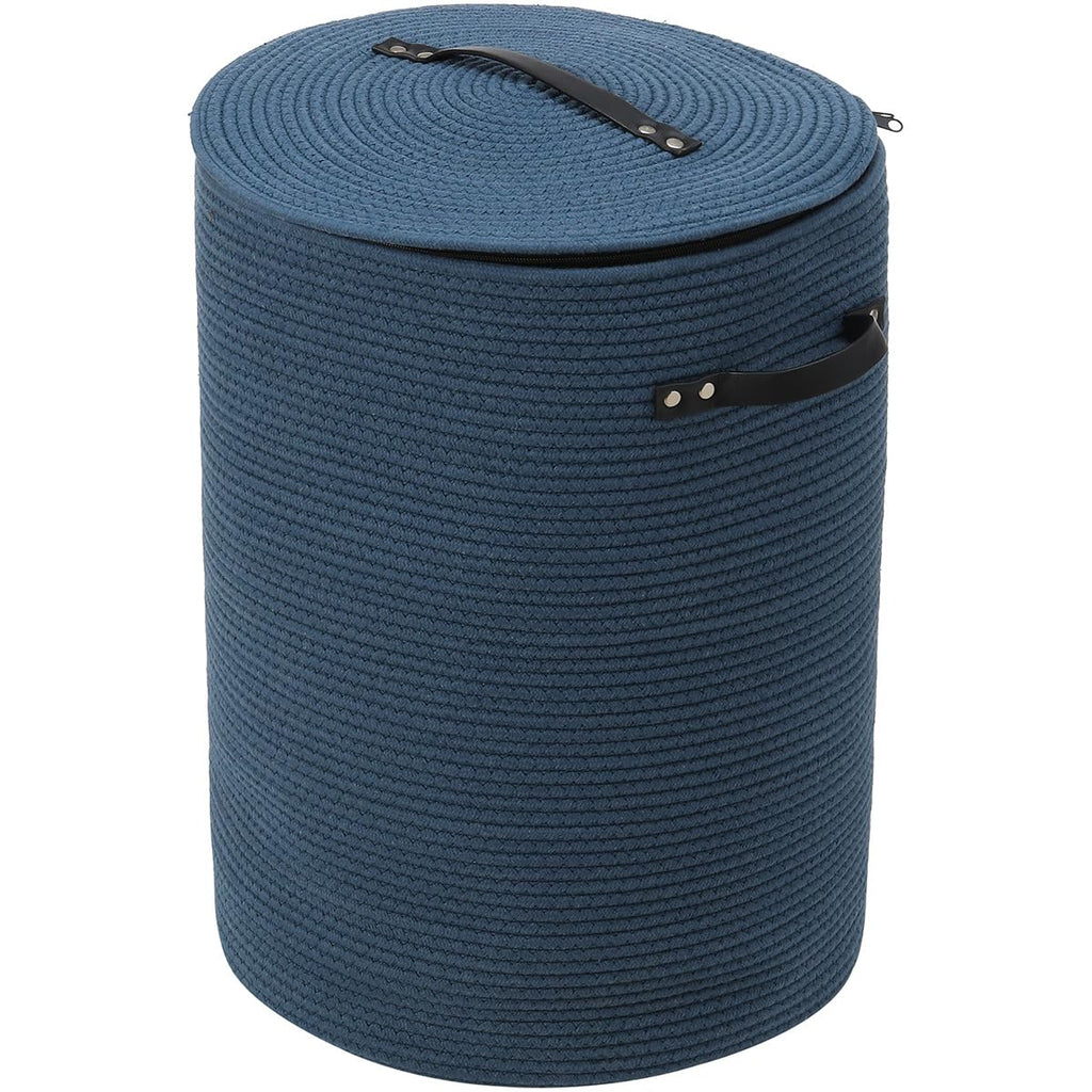 16"x20" Extra Large Cotton Rope Basket with Zipper Lid, Woven Laundry Hamper and Blanket Storage Basket, Round Clothes Bin for Living Room Bedroom, Denim Blue