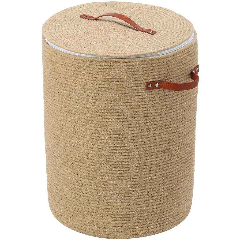 16"x20" Extra Large Cotton Rope Basket with Zipper Lid, Woven Laundry Hamper and Blanket Storage Basket, Round Clothes Bin for Living Room Bedroom, Beige