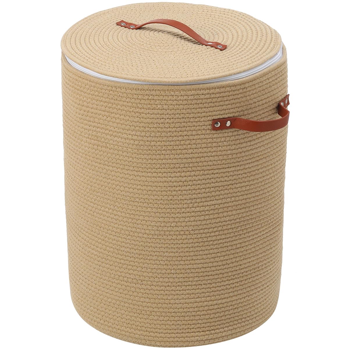 16"x20" Extra Large Cotton Rope Basket with Zipper Lid, Woven Laundry Hamper and Blanket Storage Basket, Round Clothes Bin for Living Room Bedroom, Beige
