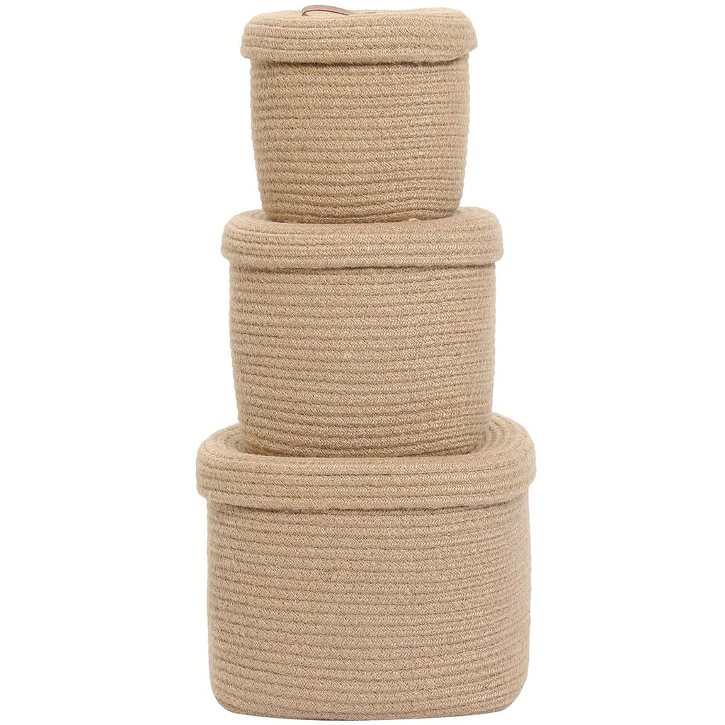 Cottonphant Set of 3 Stylish Rectangular Woven Baskets with Lids - Elegant Storage Solution for Home Decor and Organization, Jute