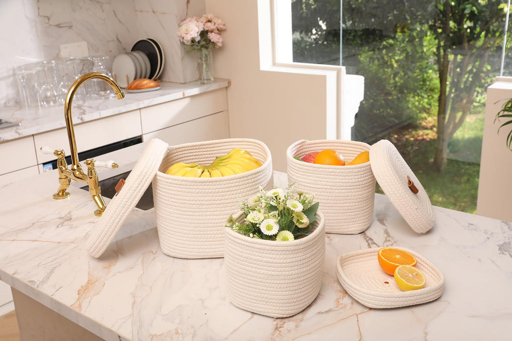 Set of 3 Nesting Woven Storage Baskets with Lids, Cotton Rope Decorative Basket Set for Shelf Closet Living Room Organizing, Square Off White