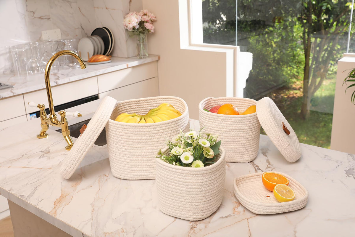 Set of 3 Nesting Woven Storage Baskets with Lids, Cotton Rope Decorative Basket Set for Shelf Closet Living Room Organizing, Square Off White