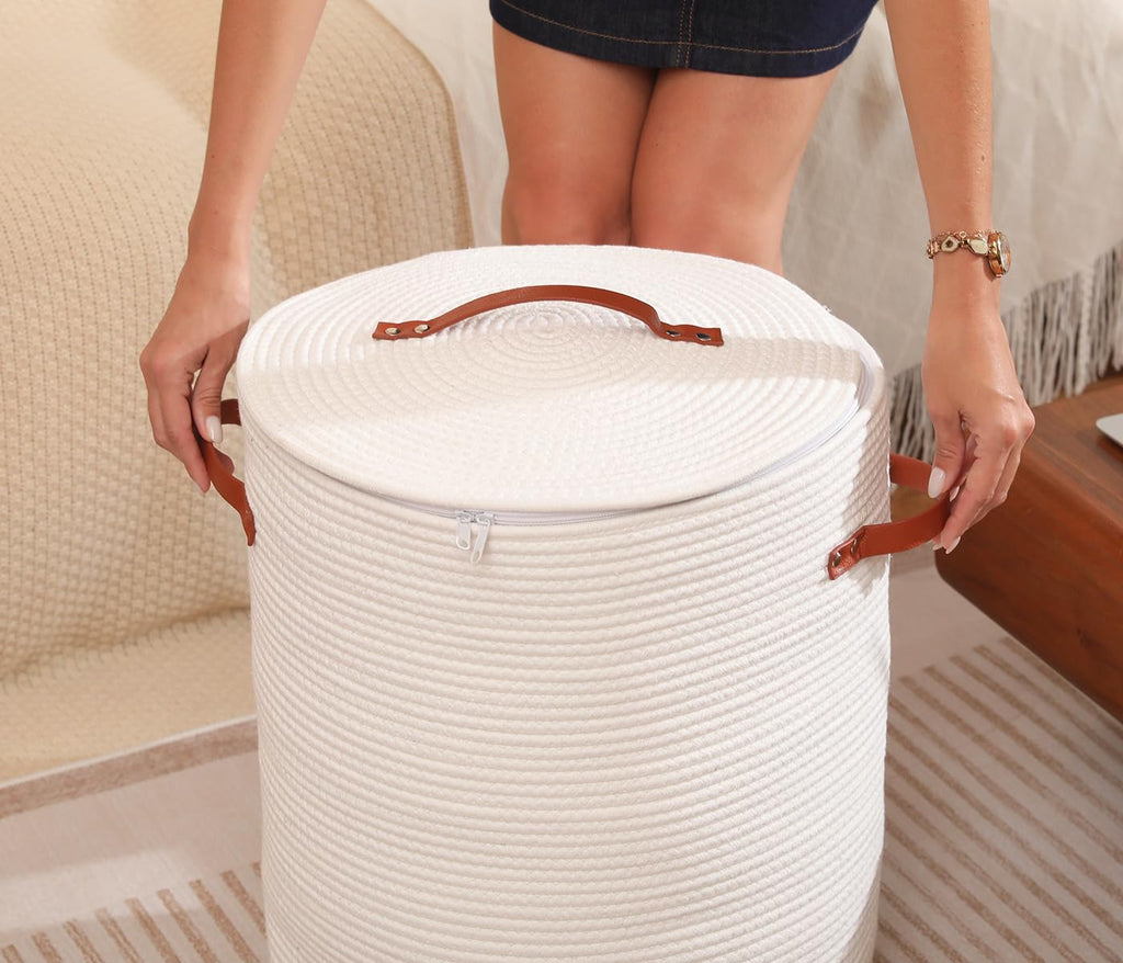 16"x20" Extra Large Cotton Rope Basket with Zipper Lid, Woven Laundry Hamper and Blanket Storage Basket, Round Clothes Bin for Living Room Bedroom, White