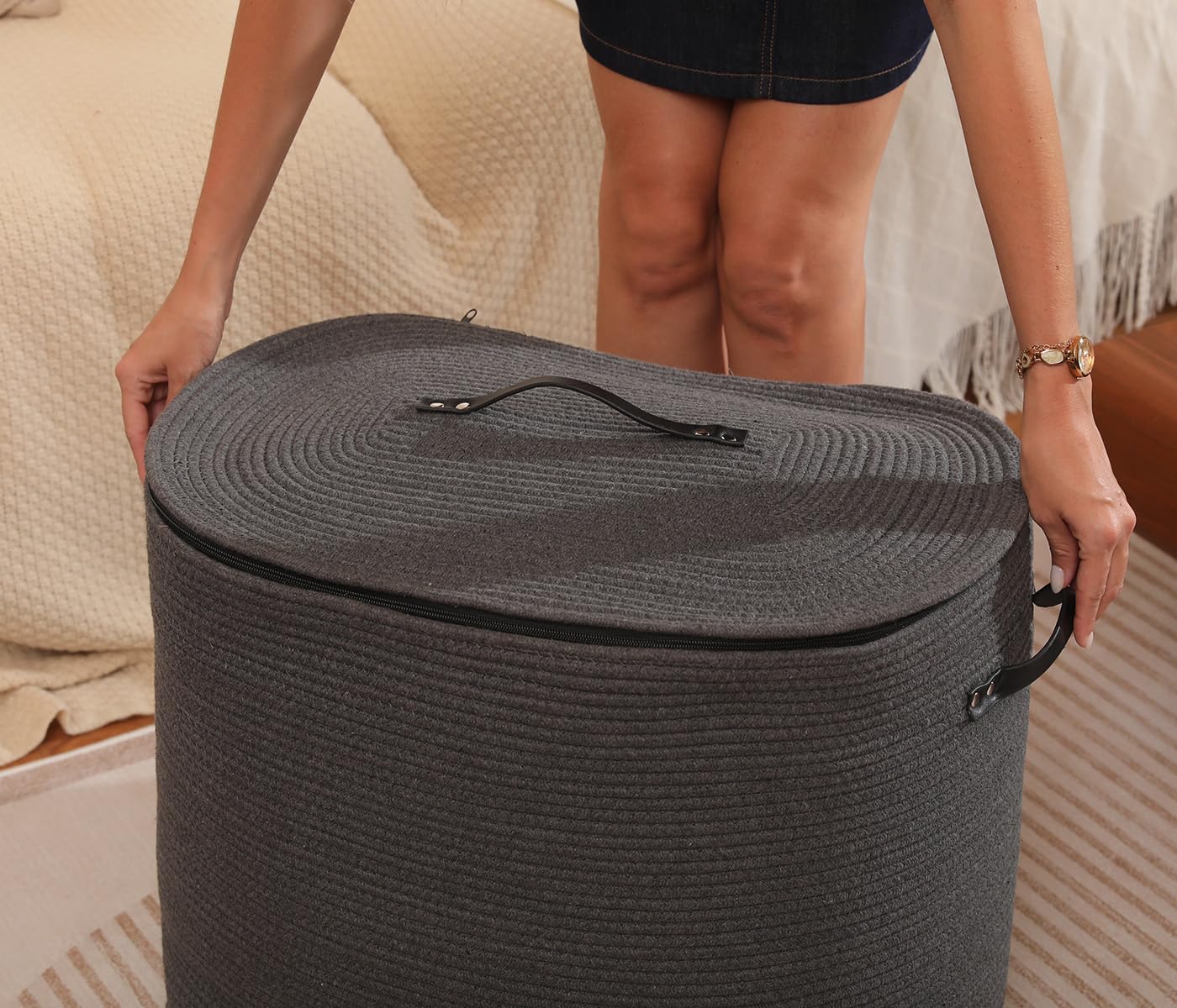 22x14x18 Inch Extra Large Rectangular Cotton Rope Basket with Zipper Lid, Decorative Blanket Storage Chest for Living Room Bedroom, Dark Grey